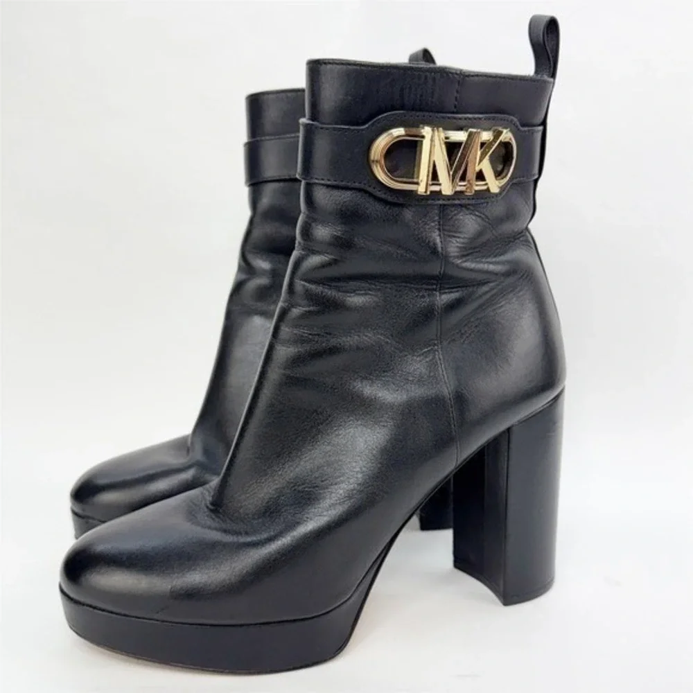 Michael Kors Black Leather Platform Ankle Boots Gold MK Logo Buckle Block Heel
